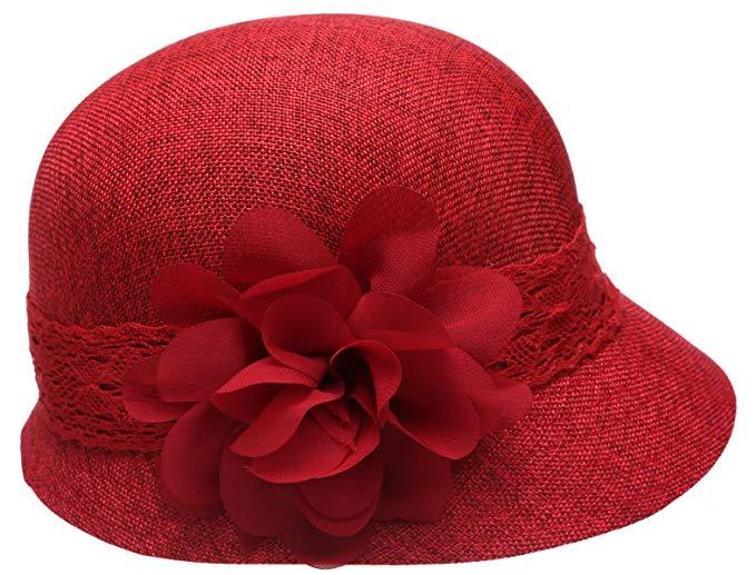 1920’s Inspired Women’s Gatsby Linen Cloche Hat With Lace Band and Flower
