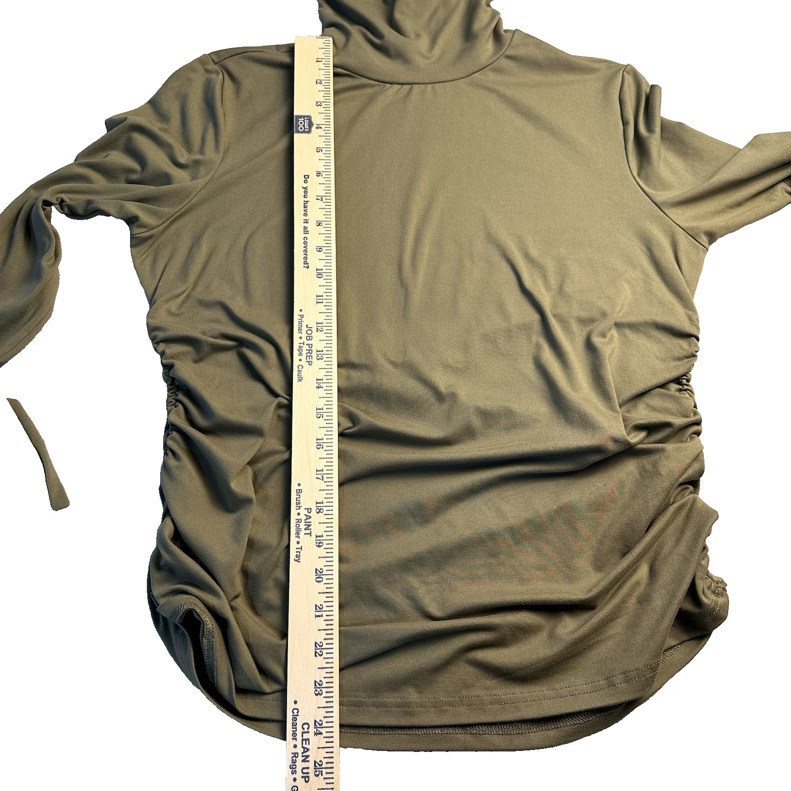 Shirred Sided Olive Colored Stretchy Turtleneck Long Sleeve Pullover Top Size L