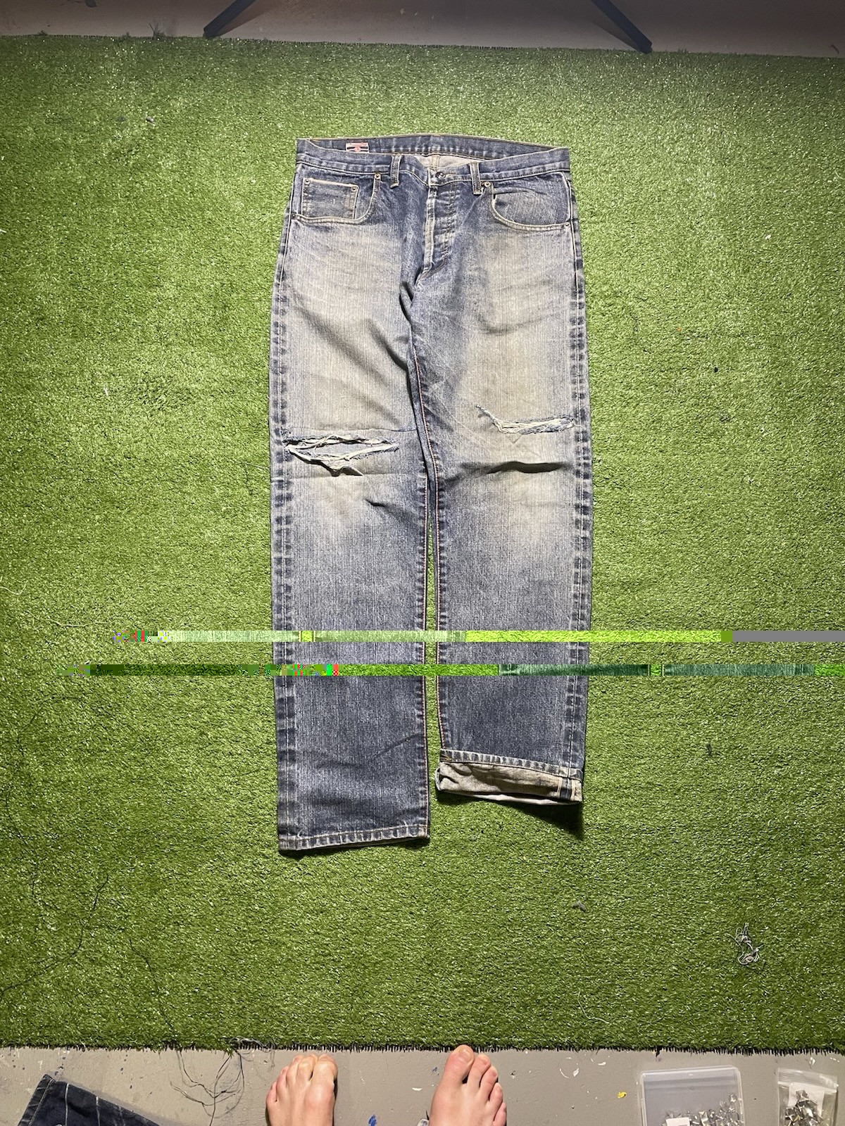 Momotaro Jeans 34×32 Selvedge Denim Made In Japan Battle Stripes Distressed Fade