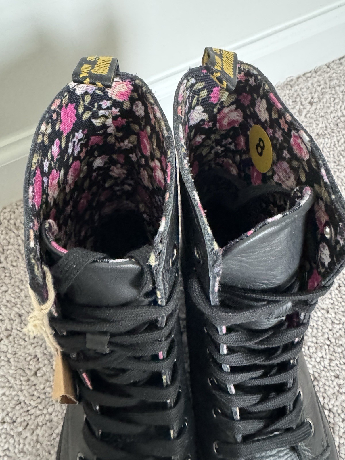 NWT DR. MARTENS Stratford Black Leather Floral Foldover Combat Boots Size 8