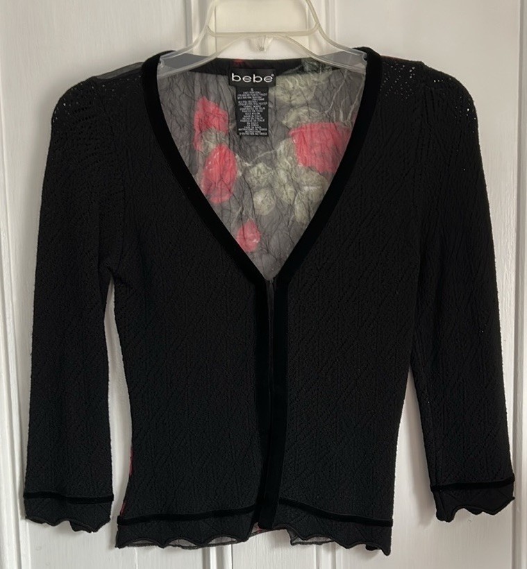 Bebe Black Cropped Blouse with Floral Mesh Backing, Size S, Vintage