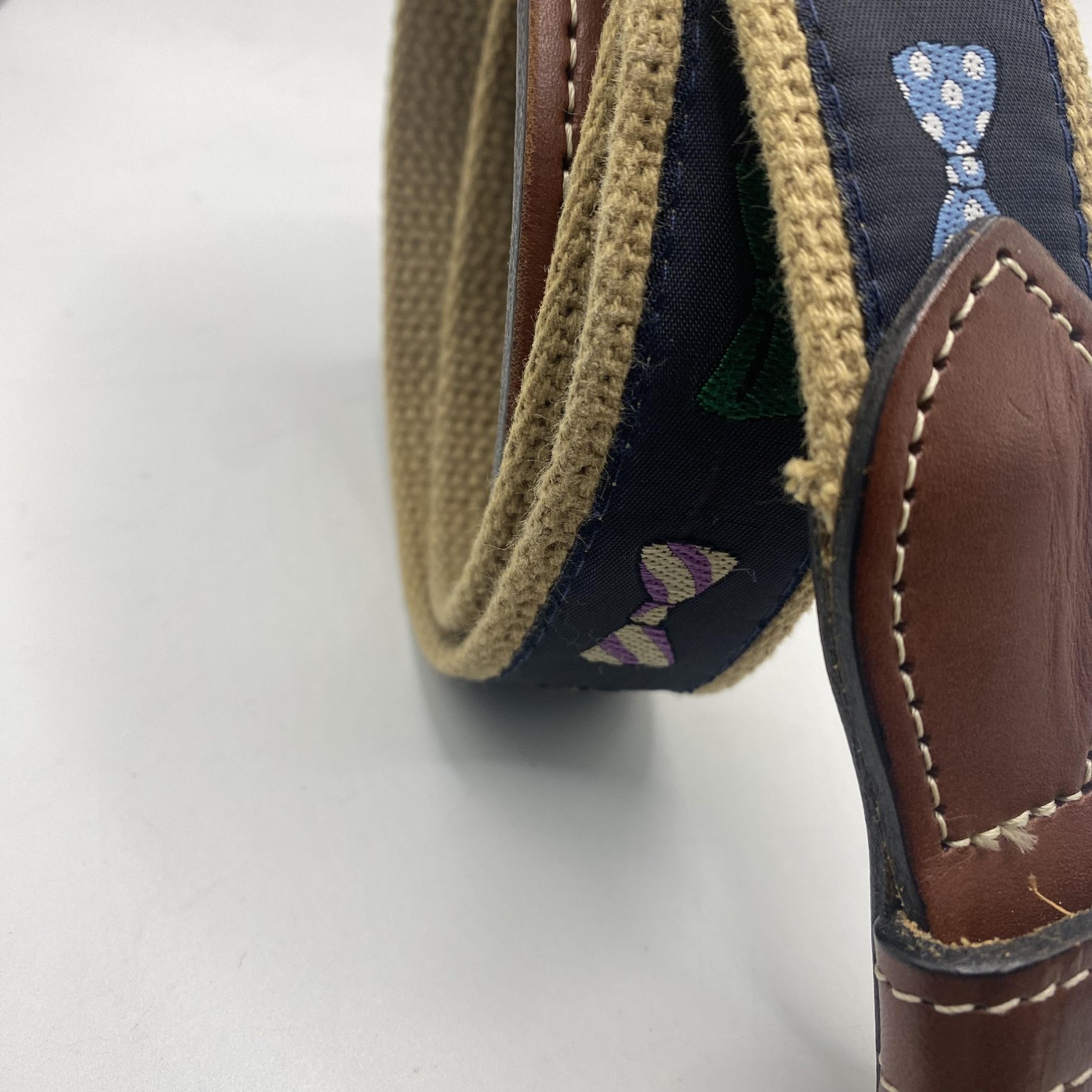 Bow Tie Ribbon Web Belt Mens 32 Navy Canvas Leather Brass Buckle Preppy