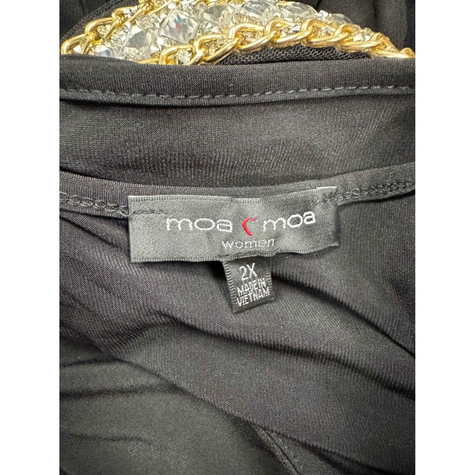 Moa Moa Women Black Embellished Neckline Cutout Blouse Rhinestone Chain 2X