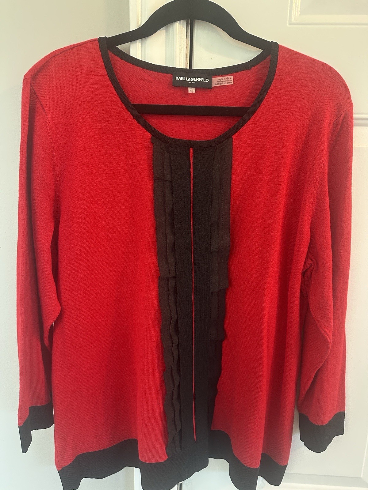 Karl Lagerfeld Paris Red/Black Colorblock Ruffle Knit Round Neck Sweater XL