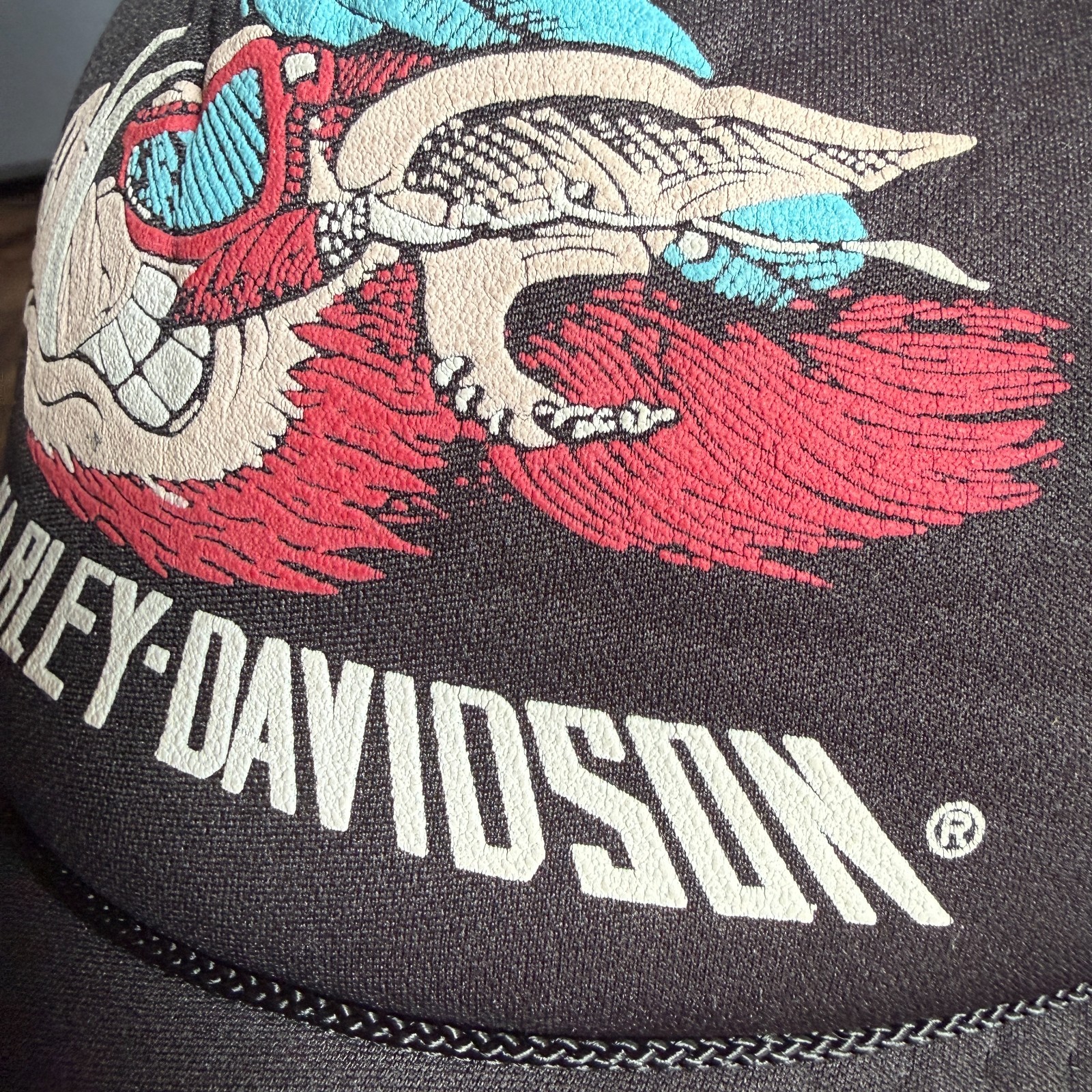 Vintage 80s Harley-Davidson Eagle Graphic Black Trucker Snapback Cap Hat USA