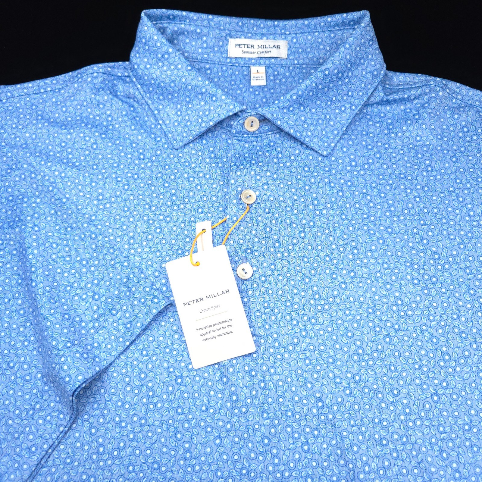 Peter Millar Golf Polo Shirt -L- Blue White Floral Dot Summer Comfort Crown
