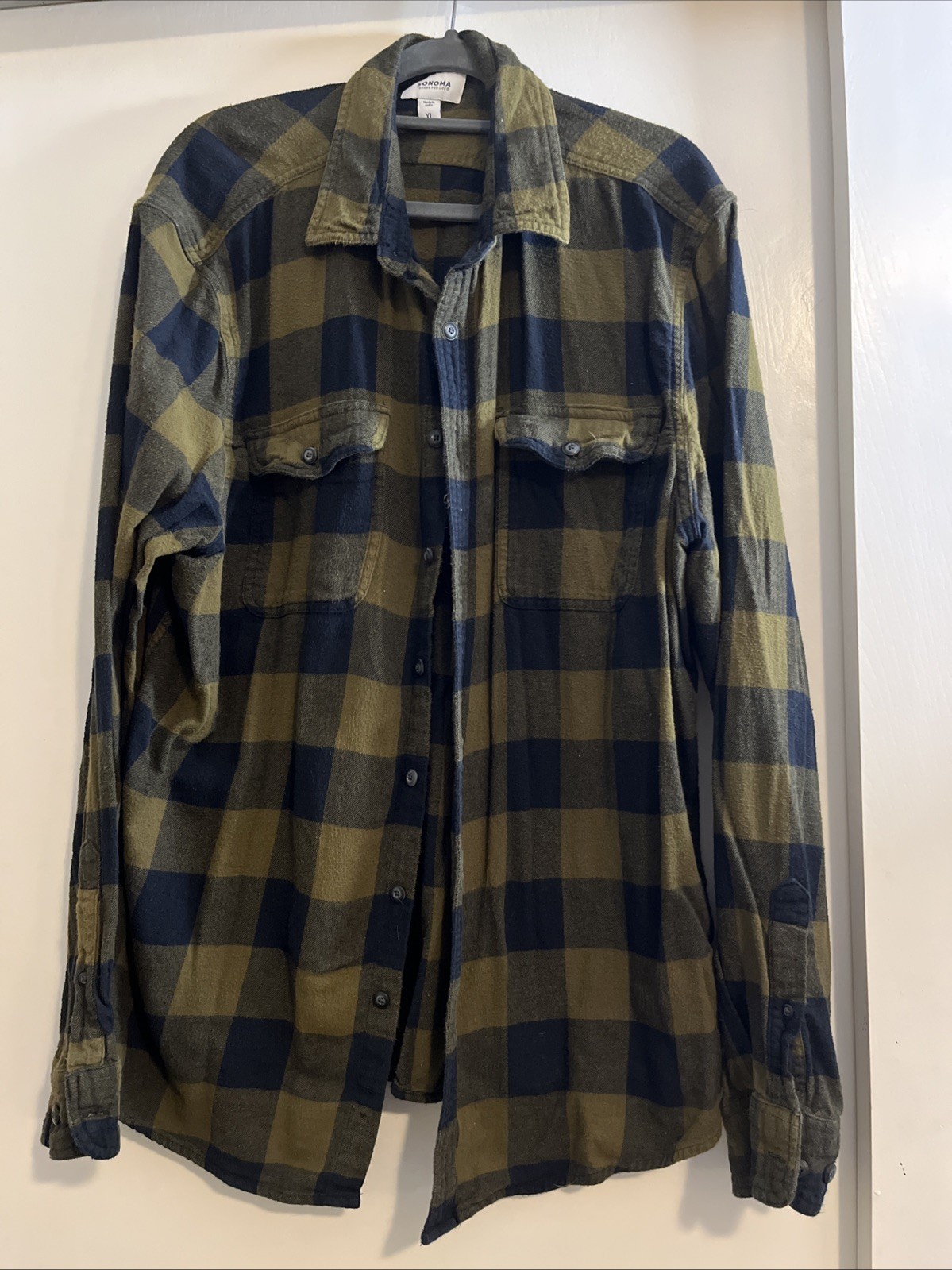 Sonoma Goods for Life Mens Olive Green and Black Plaid Flannel Shirt Size XL