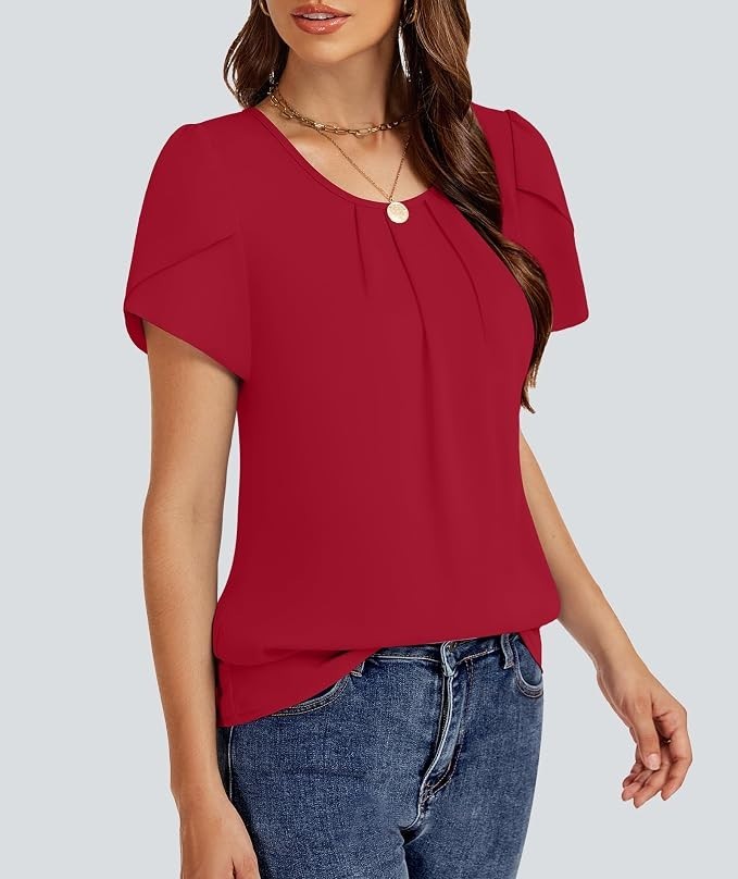 Womens Tops Dressy Casual Summer Tunic Chiffon Blouse Pleated Front Crew Neck Sh
