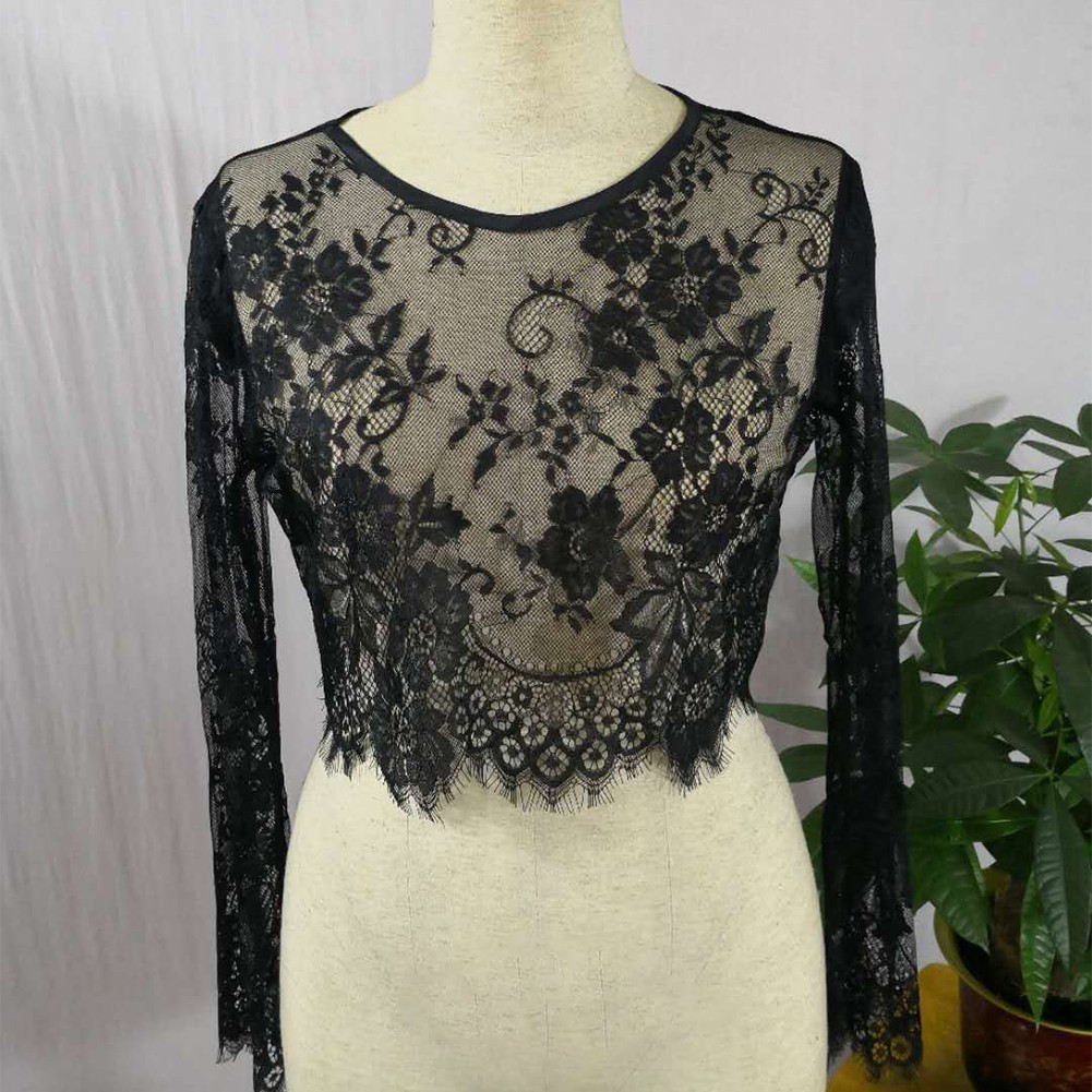 Trendy and Sexy Lace Mesh Sheer Crop Top with Long Sleeves Short Blouse