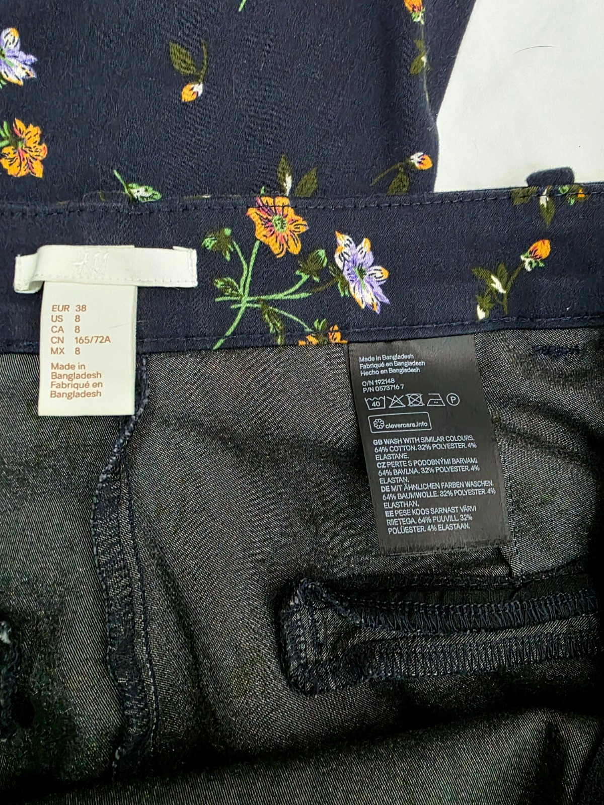 H&M Chino Pants Navy Blue Floral Slacks Stretch Side Zip Casual Career Preppy 8