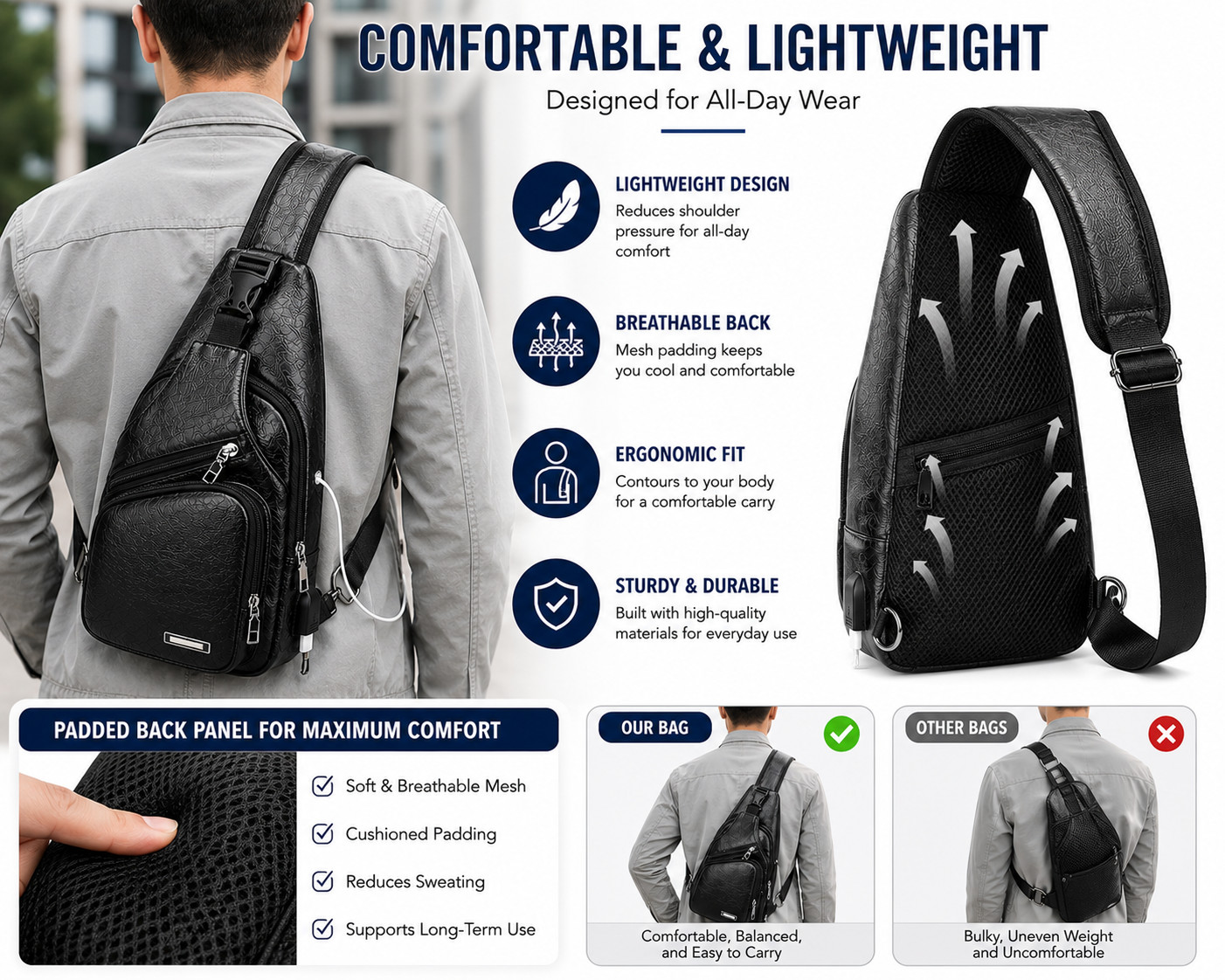 Black Chest Crossbody Bag Sling Backpack for Men with USB Charge Port