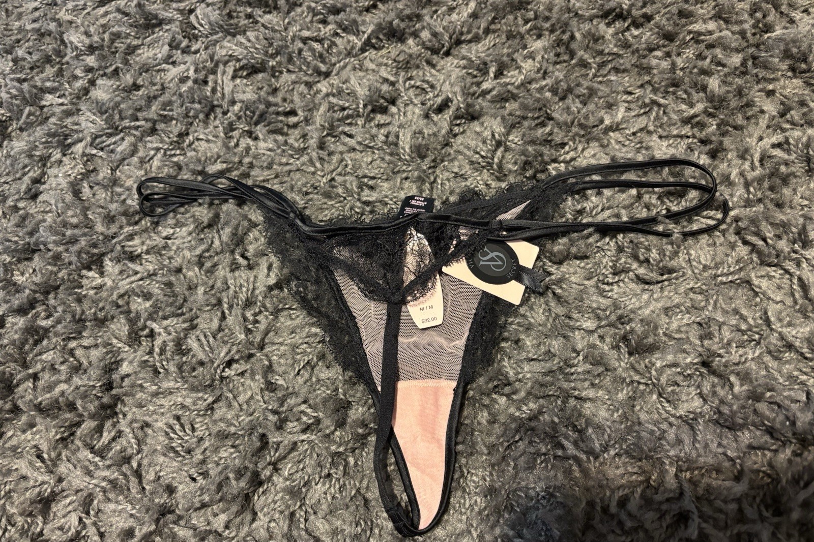 Victoria’s Secret Lace Floral Thong Panties Semi-Sheer Black Pink Women’s M NWT