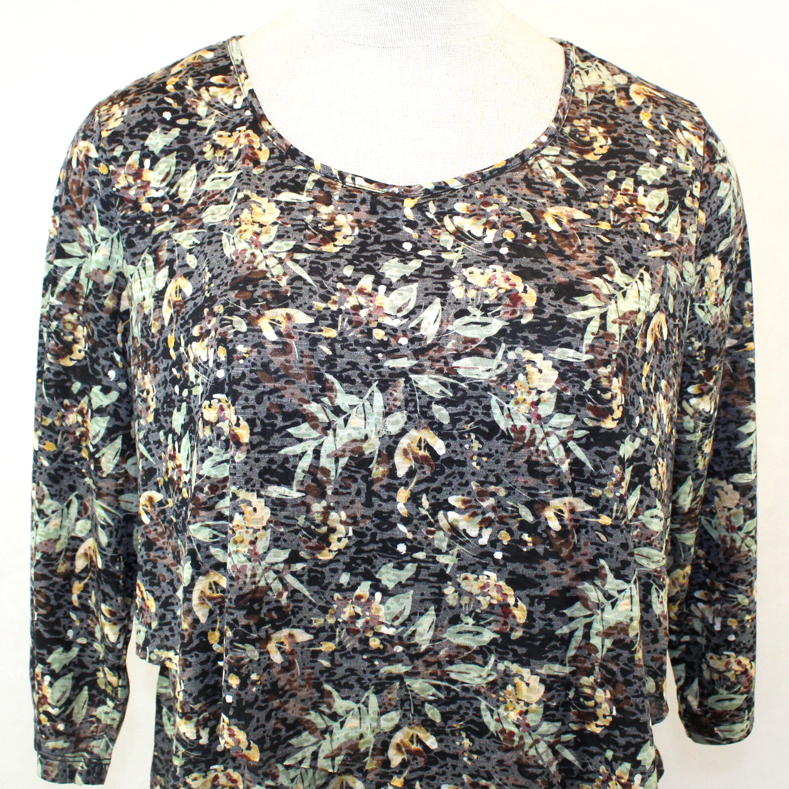 Catherines Plus Brown Leave Print Layers Soft Top Blouse 3X 26/28