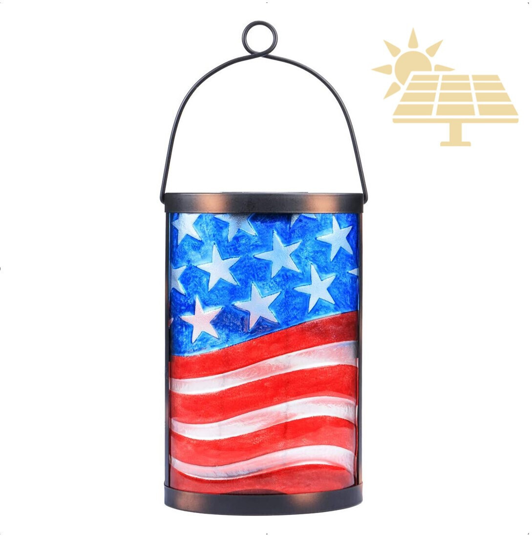 Patriotic USA American Flag Glass Solar LED Lantern With Dusk-To-Dawn Sensor