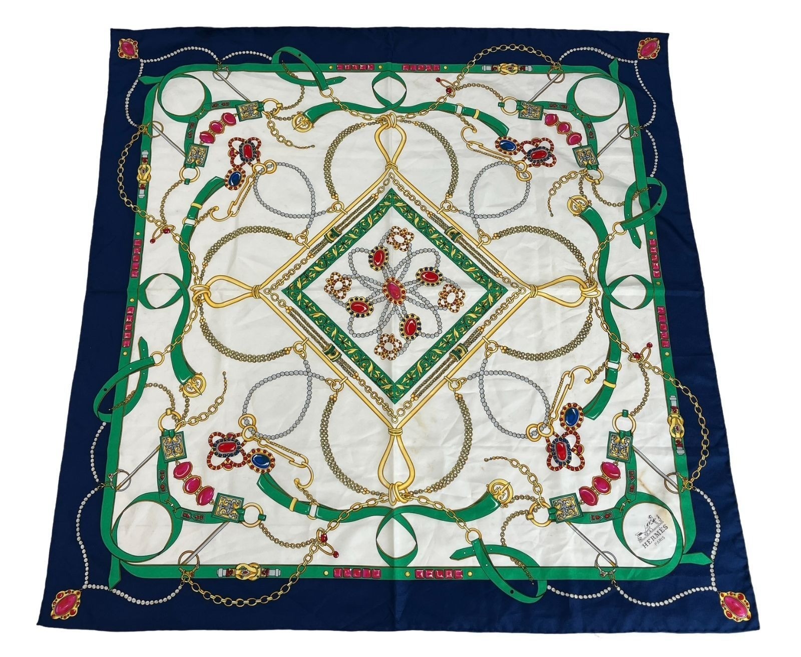 HERMES Jewelry Patterns Carre 90 cm 35in Silk Scarf Navy Multicolor Vintage Auth