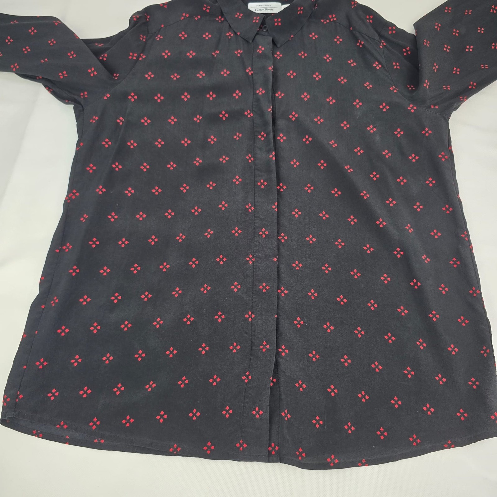& Other Stories Silk Blouse Black Red Print Hidden Button Long Sleeve Shirt