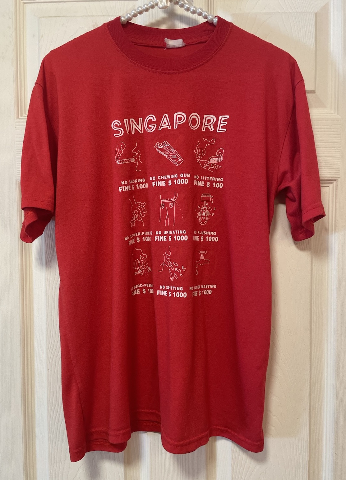 Vintage Red White Singapore Fines T Shirt Soft Cotton Anti Crime Size Large EUC