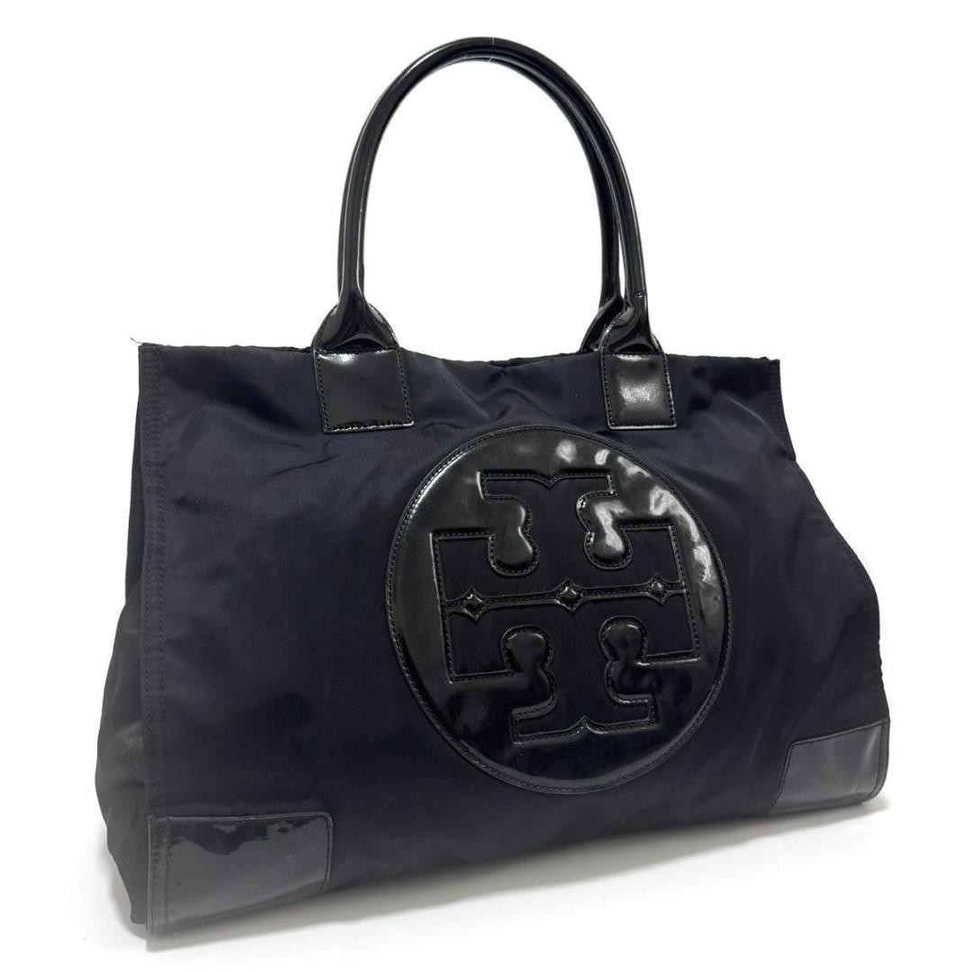 Tory Burch Ella Tote Bag Handbag Black Nylon Patent