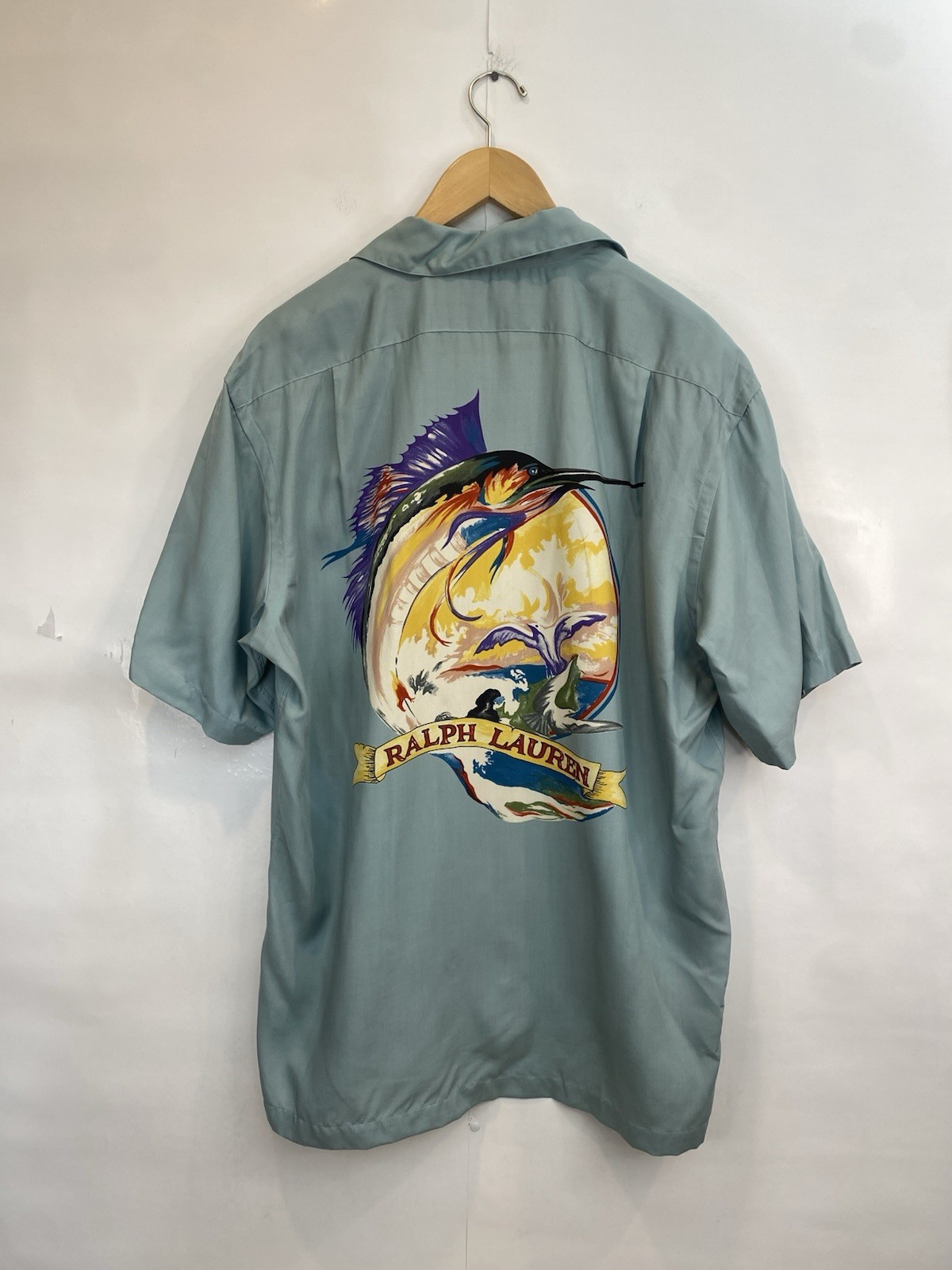 Polo Ralph Lauren Sportsman Marlin Swordfish 100% Rayon Button Down Shirt Rare!