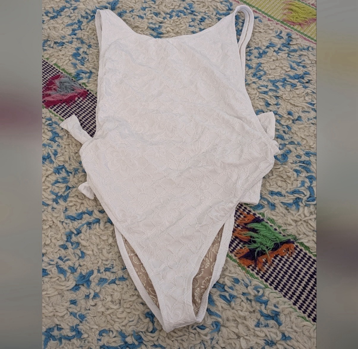 Free People White Floral Lace One-Piece Swimsuit Side Tie Stretch Size L