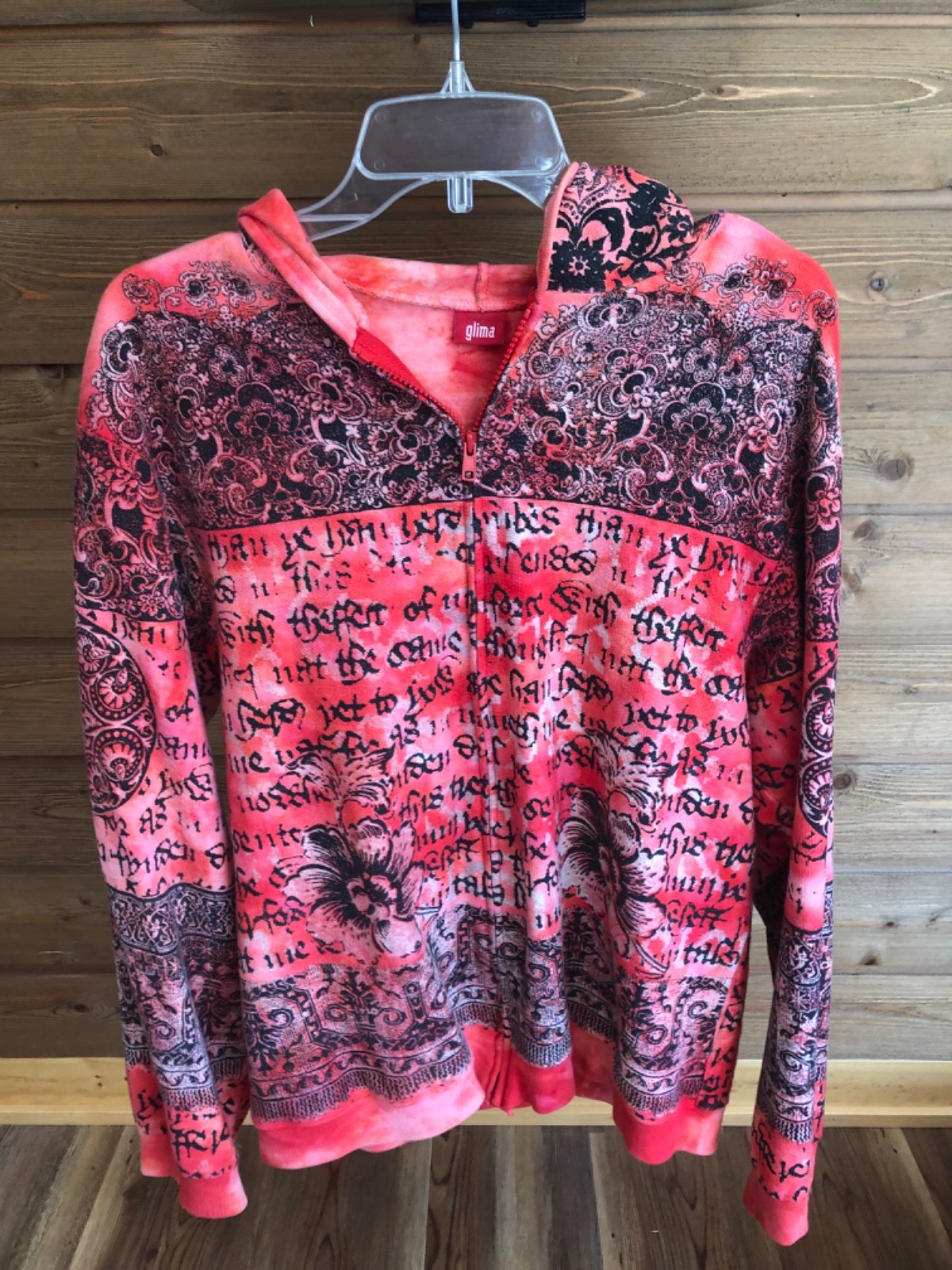 GLIMA Red Tie Dye French Terry Hooded Full Zip Sweatshirt w/ Artistic Print