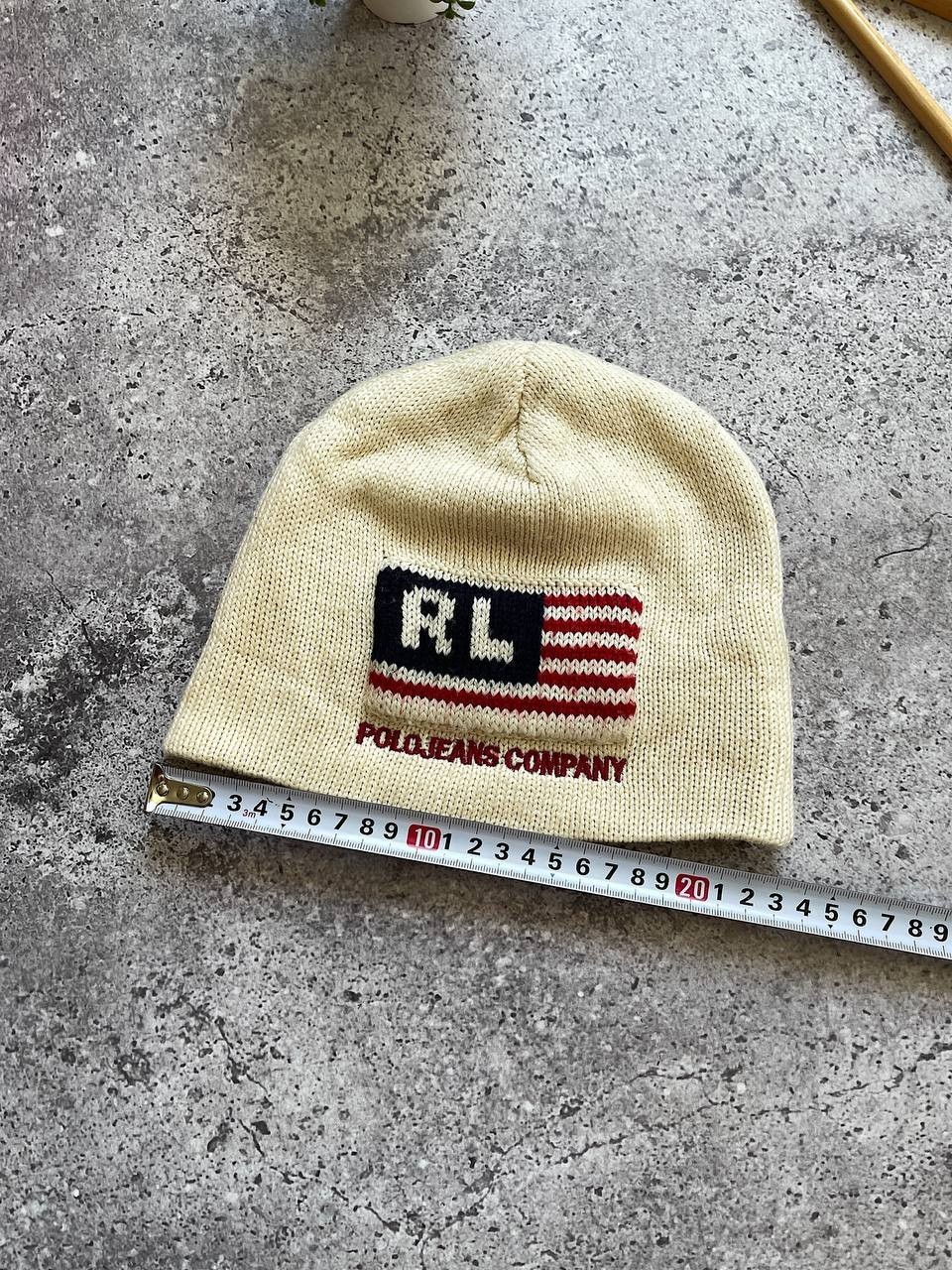 Vintage Polo Jeans Company RL USA Flag Knit Beanie Hat Cream One Size
