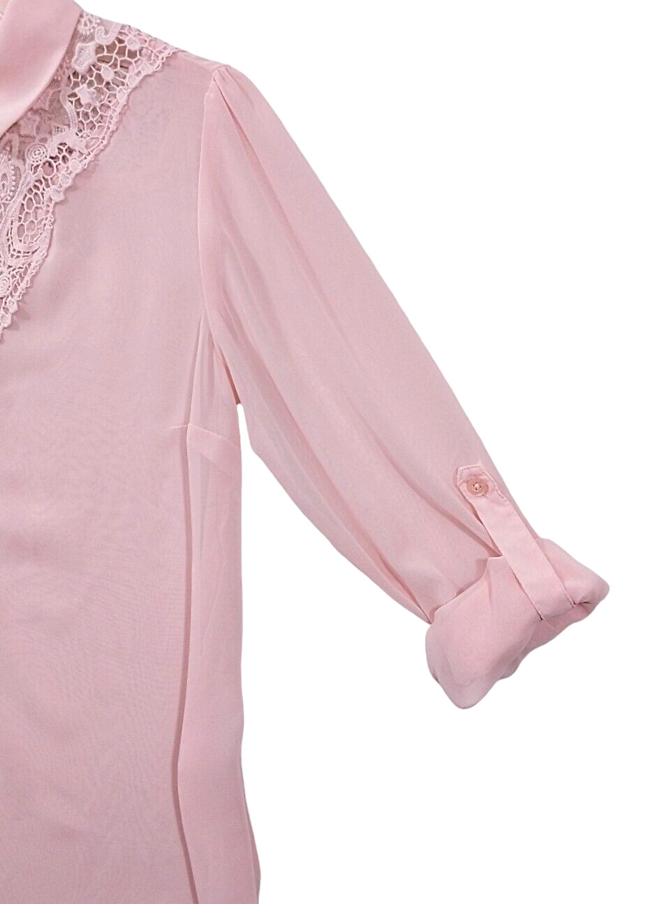 Candies Shirt Button Up Roll Tab Sleeve Lace Sheer Pink Womens M