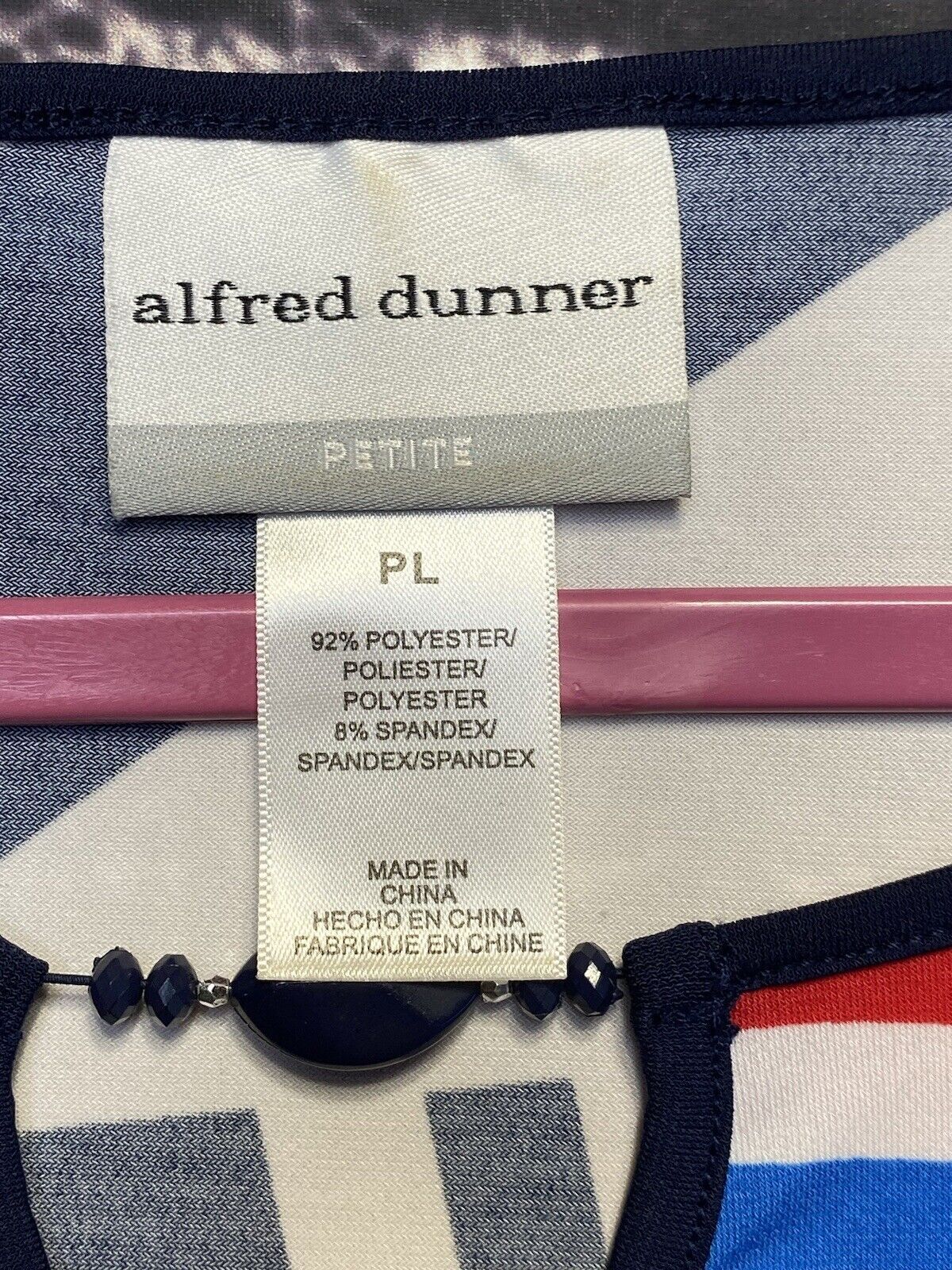 Alfred Dunner Top Womens PL Red White Blue Beaded Keyhole Asymmetric Patriotic