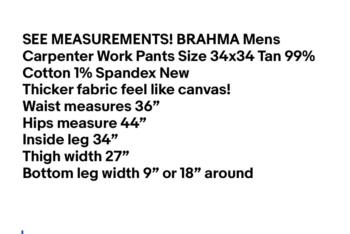 BRAHMA Mens Carpenter Work Pants Size 34×34 Tan 99% Cotton 1% Spandex New
