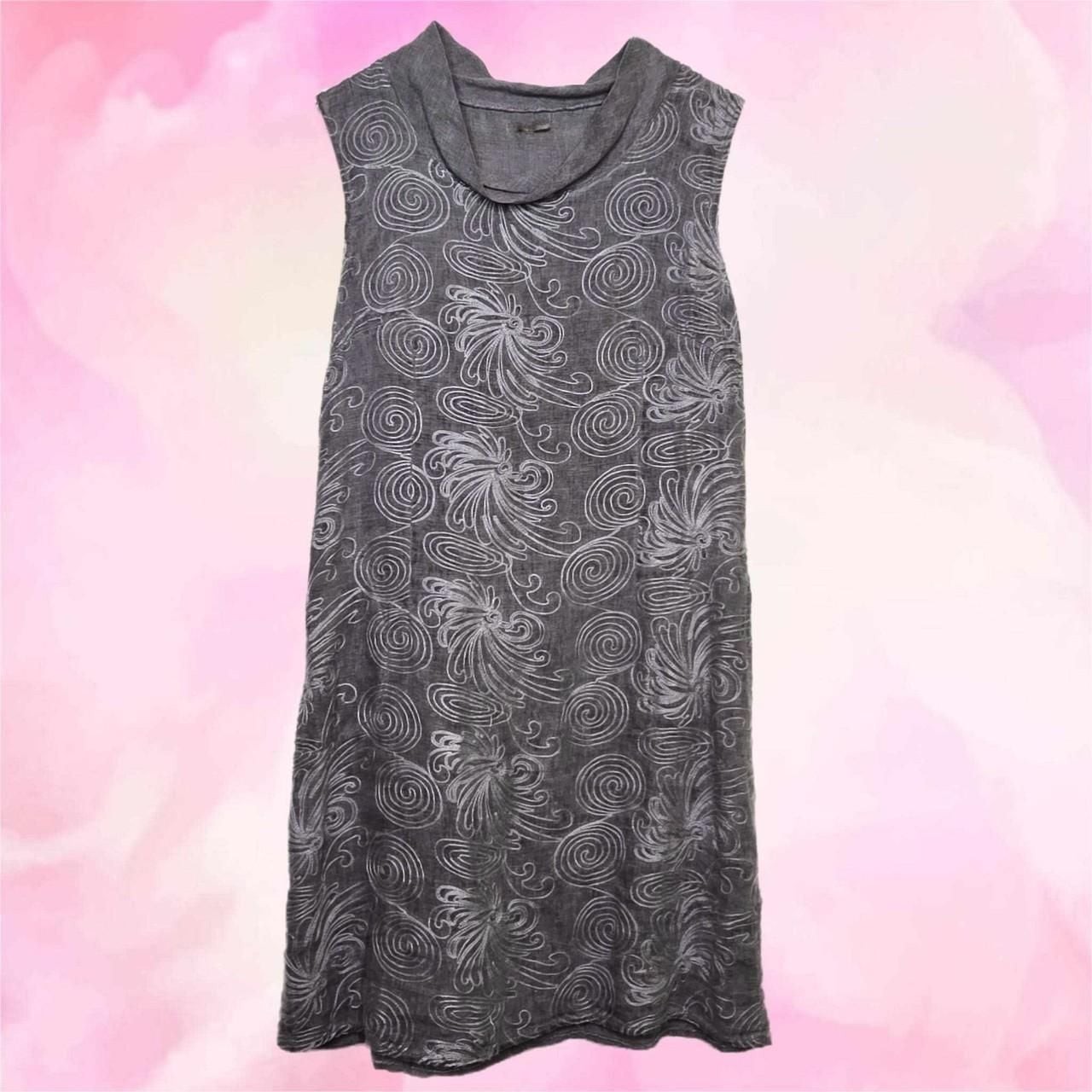Lina Tomei Italian Linen Swirl Embroidery Cowl Neck Shift Dress