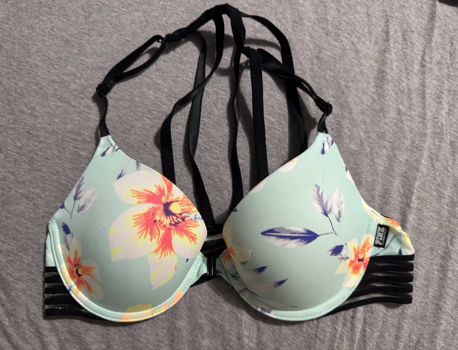 PINK Floral T-Shirt Underwire Padded Bra 34B Light Blue Multicolor