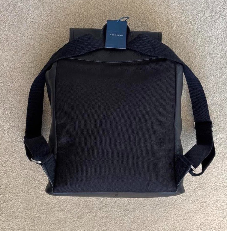 NWT Cole Haan Black Pebbled Leather Drawstring Flap Backpack– Premium Luxury Bag