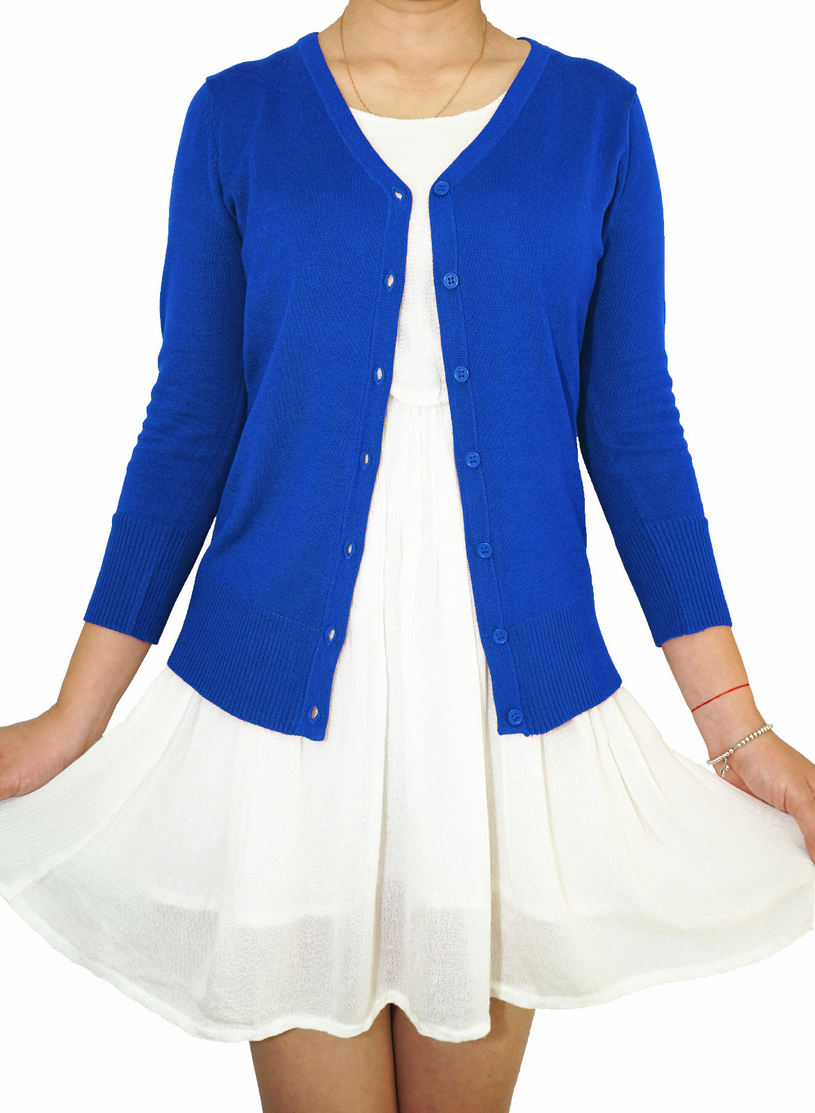 Women Fitted Cardigan V-Neck 3/4 Sleeve Vintage Soft Knit Basic & Plus Size USA