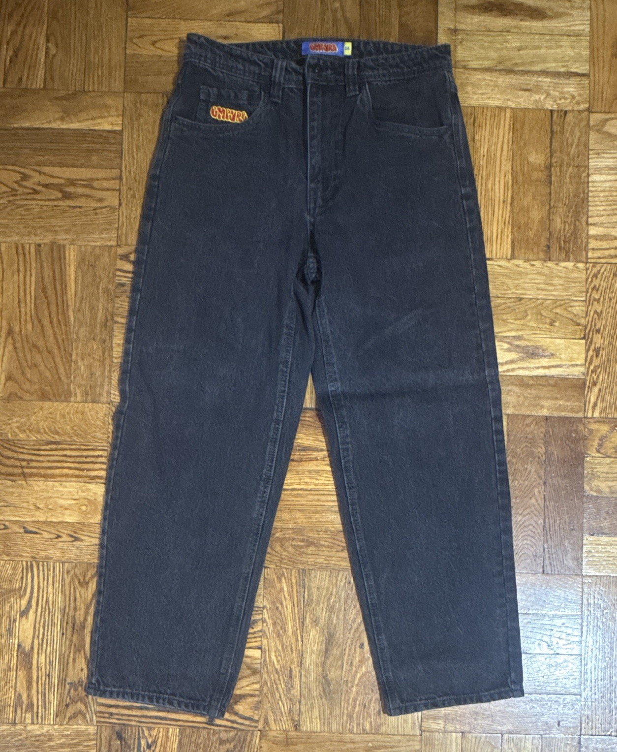 Empyre Men’s Black Dark Wash Denim Wide-Leg Regular Fit 5-Pocket Logo Jeans
