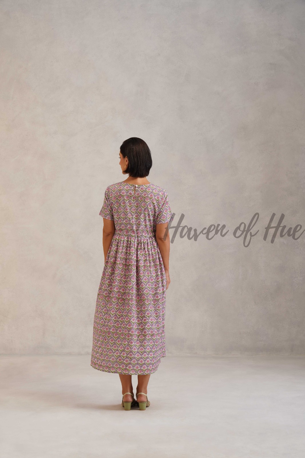 Partywear Bohemian Cotton Midi Dress: Hand Block Print, Adjustable Waist Ties