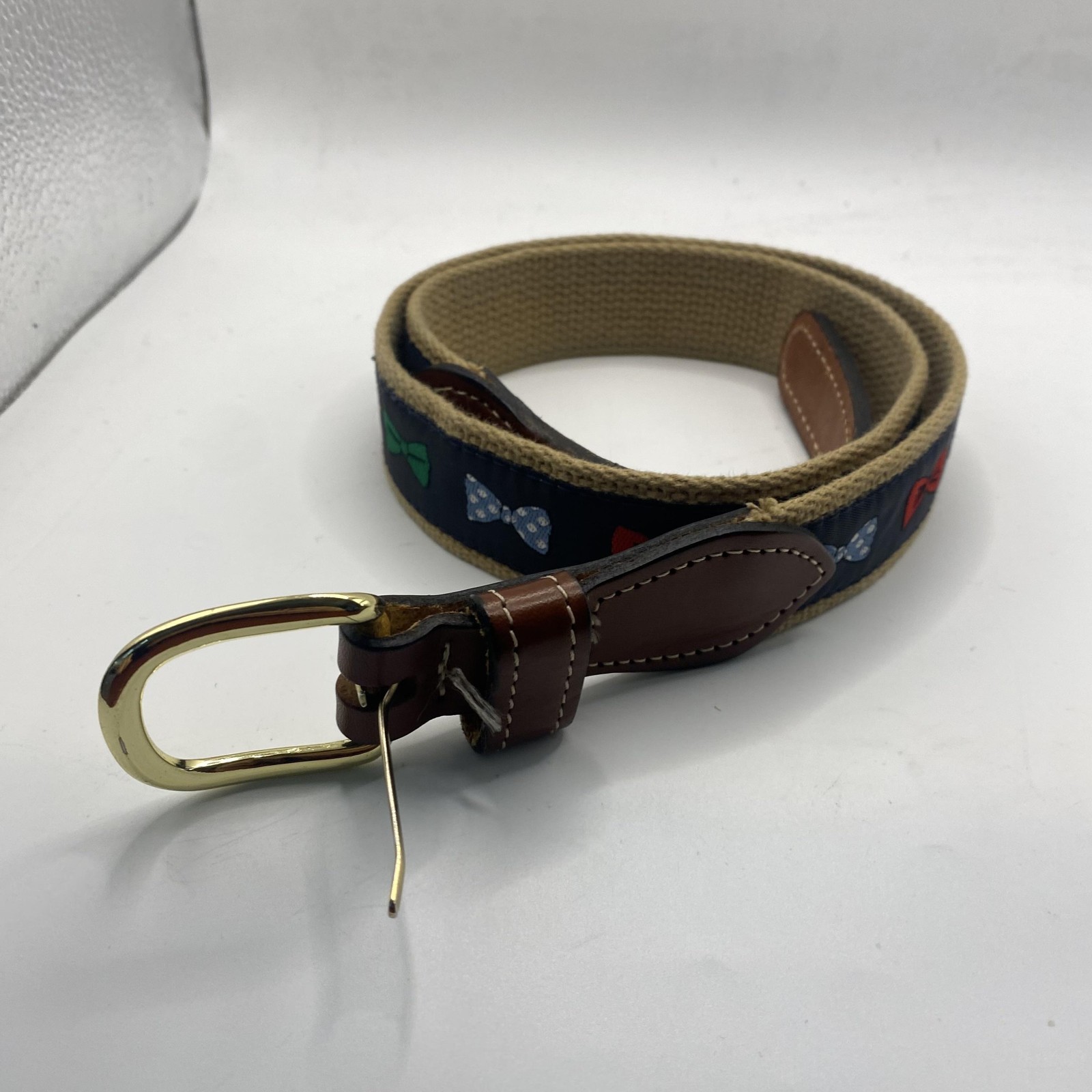 Bow Tie Ribbon Web Belt Mens 32 Navy Canvas Leather Brass Buckle Preppy