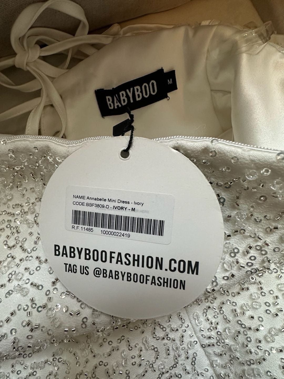 Stunning NWT Babyboo Annabelle Mini Dress Ivory Sparkle Long Sleeve Lace-Up Back