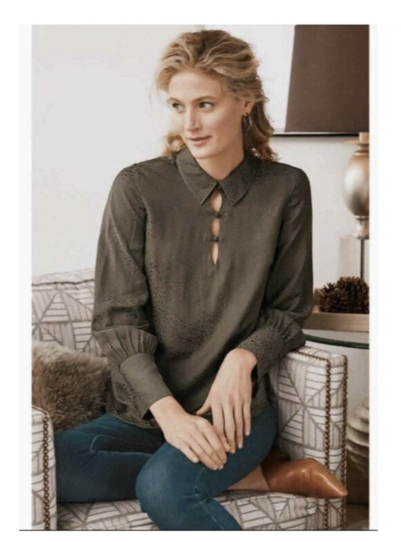 Soft Surroundings Olive Green Coastline leopard jacquard Blouse Viscose *Size M