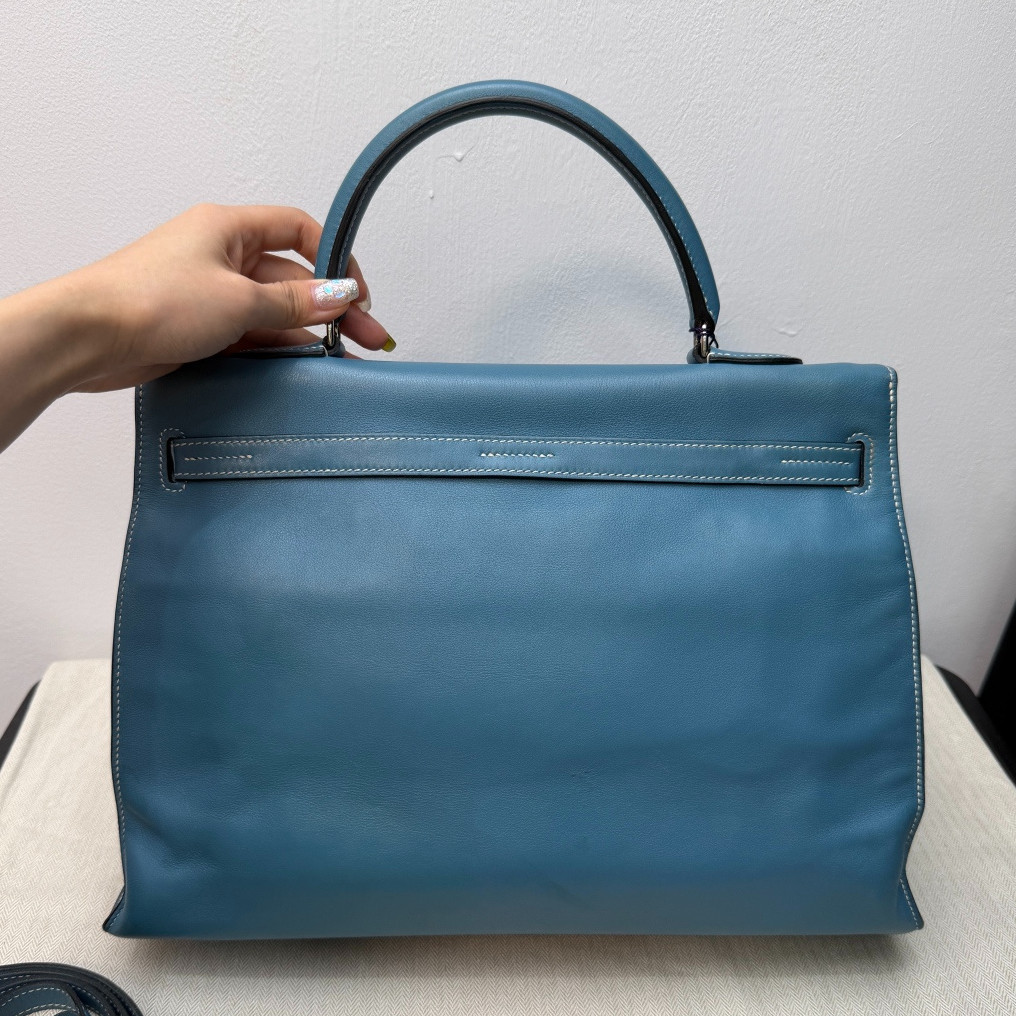 Authentic Hermes Kelly Flat35 Tote Blue 2Way Handbag Crossbody Silver Hardware