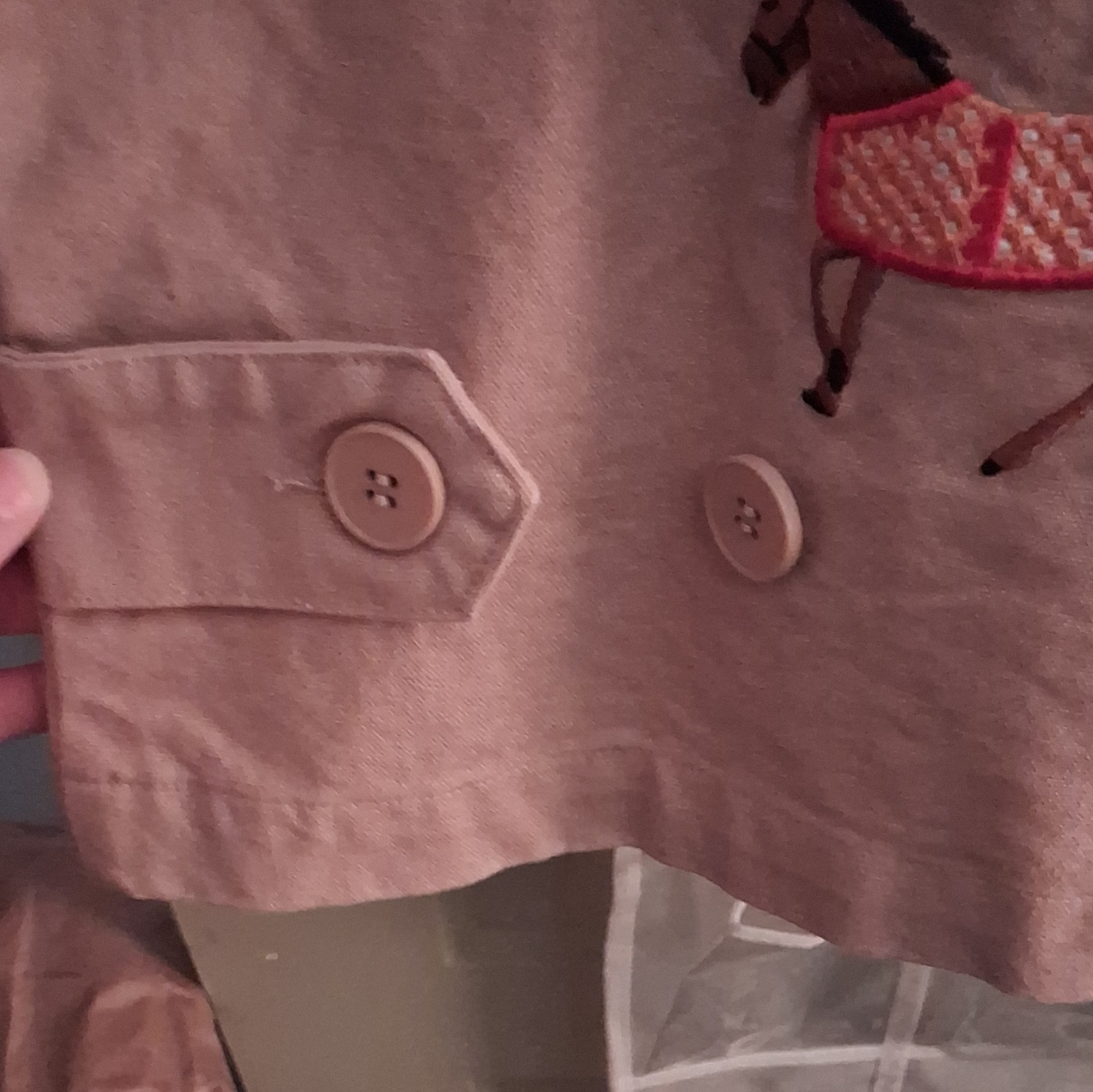 FOUND Women’s S Beige/Brown Horse Embroidered Zip Jacket, Pockets, Short