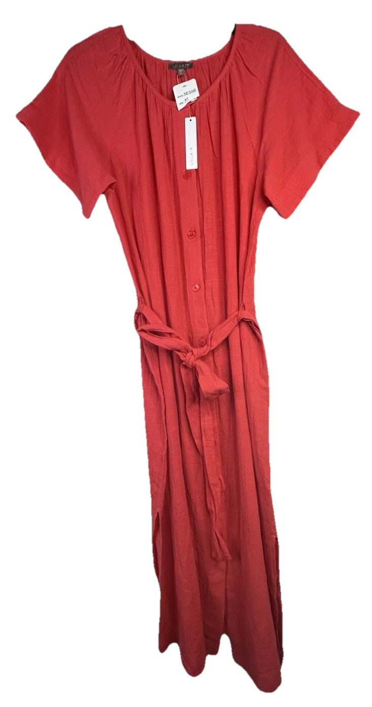 NEW Lilla P Short Slv Button Up Dress Sz M /L Papaya Coral Cotton Textured $185