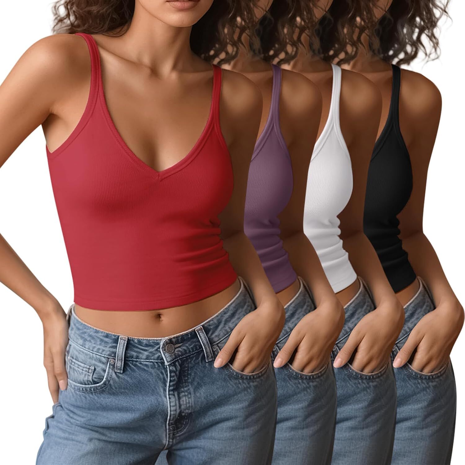 Womens V Neck Spaghetti Strap Crop Tank Tops 4 Pack Cotton Fitted Cami Summer