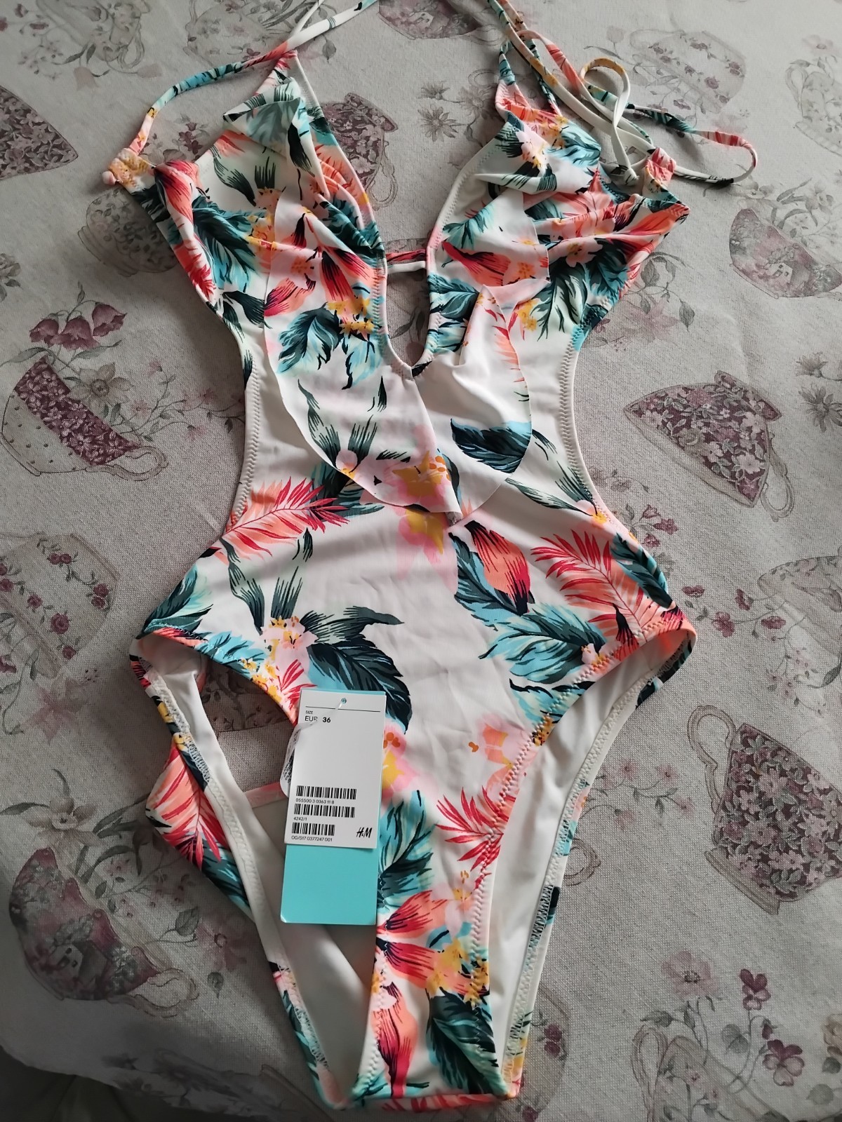 H & M Cut Out Swimwear One Piece Tie Back Floral Hi Leg New with Tags UK Size 10