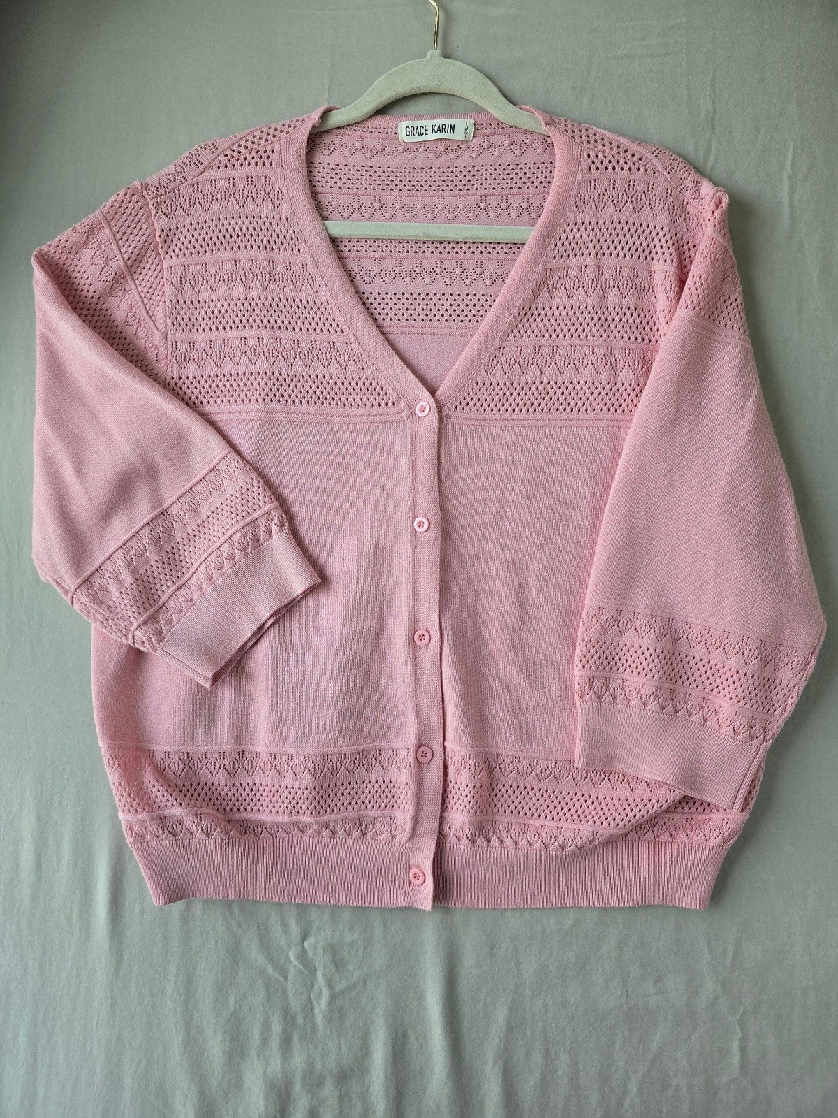 Grace Karin Pink Pointelle Knit V-Neck Cardigan