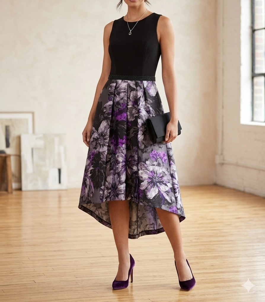 SLNY Womens SZ 10 Black High-Low Floral-print Beaded Cocktail Dress Wedding