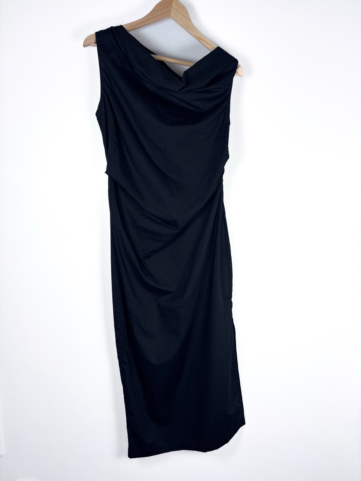 Enza Costa Revolve Black Cotton Poplin Structured Ruched Off Shoulder Midi Dress