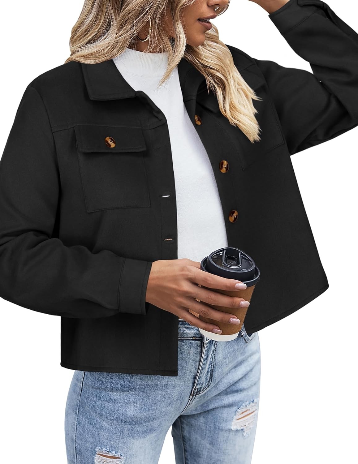 Women Cropped Corduroy Shackets Button Down Jackets Tops Fall long Sleeve Shirt