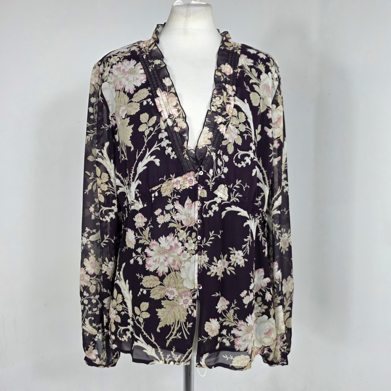 Laura Ashley 100% Silk Floral Blouse UK 18 Sheer Ruffle Boho Cottagecore Top