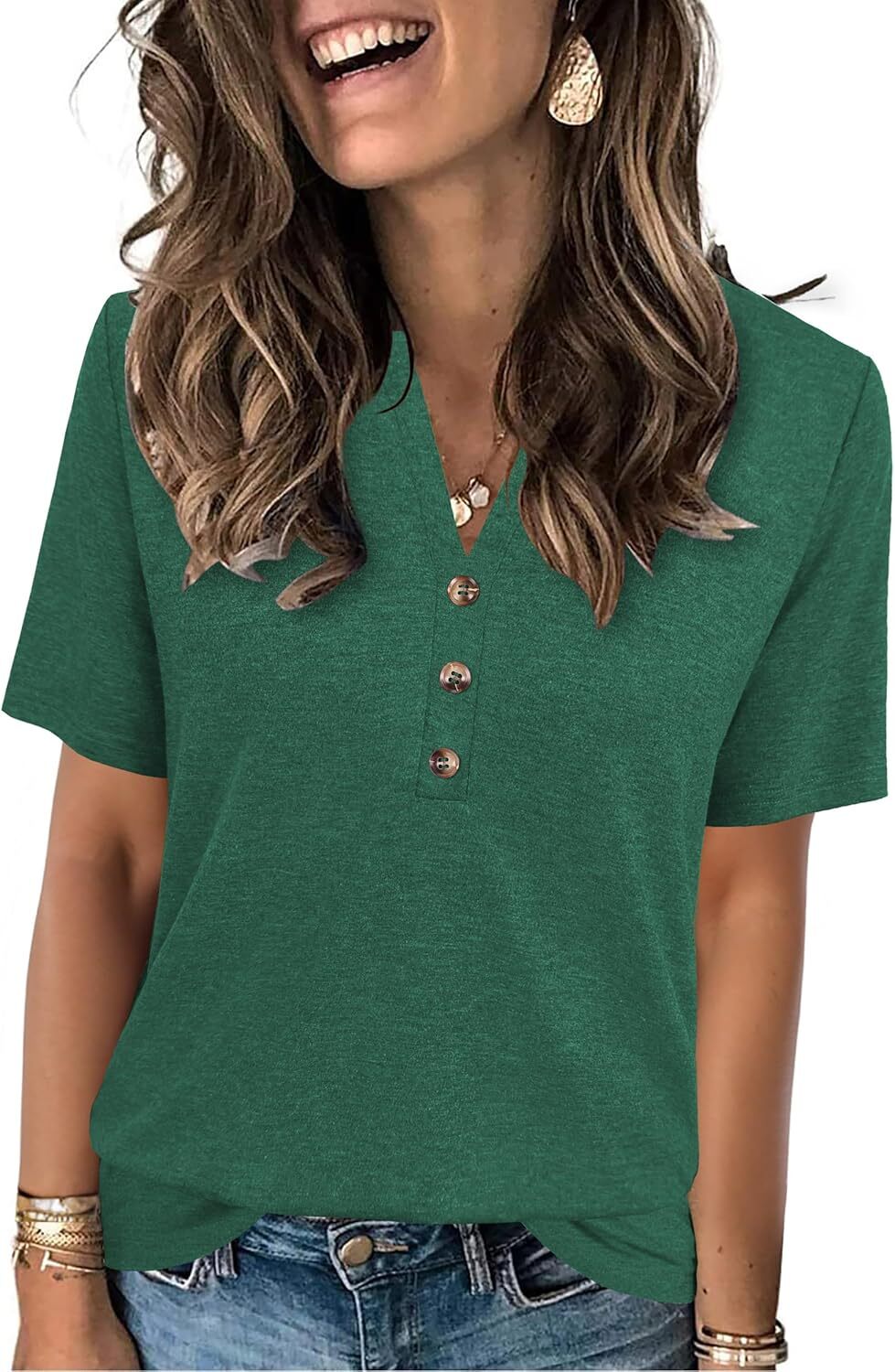 Women’s Short Sleeve Summer Top V Neck Button Down Casual Blouse for Work Beach
