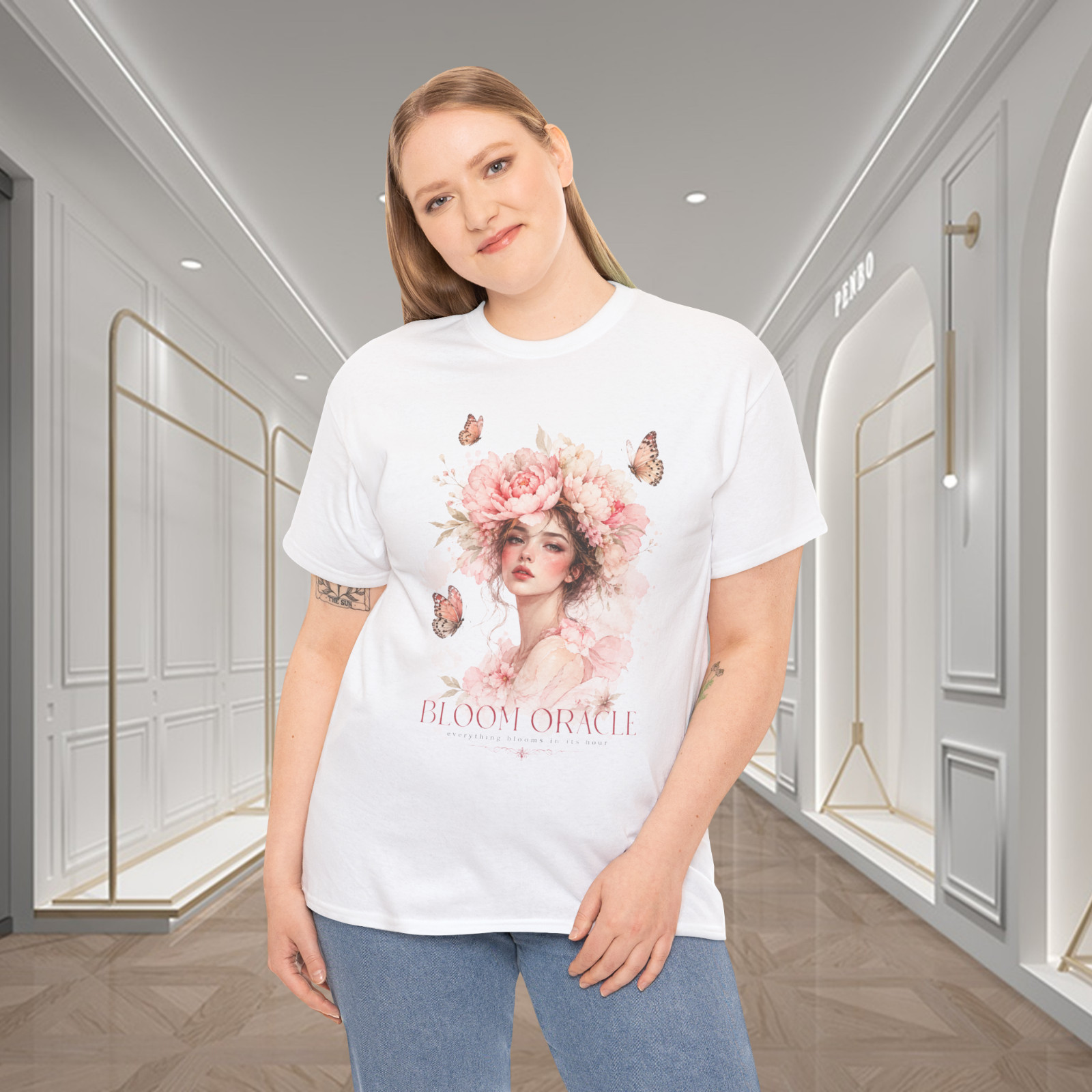 Bloom Oracle Floral Butterfly Portrait T-Shirt